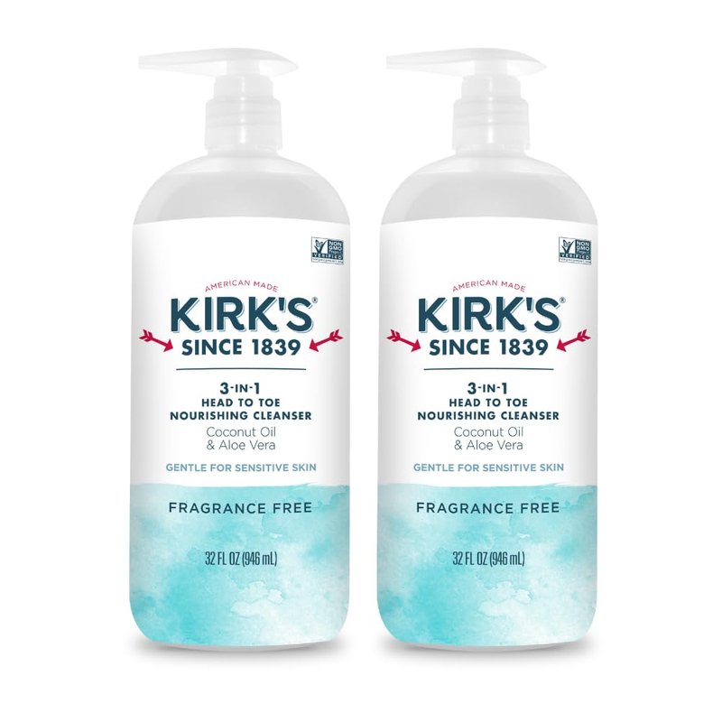 Kirk's 3-in-1 Nourishing Cleanser | Fragrance-Free Shampoo, Body Wash & Bubble Bath with Coconut Oil & Aloe Vera - 32 Fl Oz (Pack of 2)