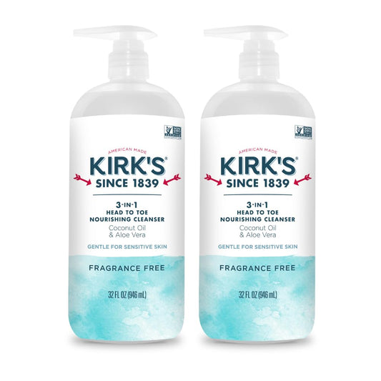 Kirk's 3-in-1 Nourishing Cleanser | Fragrance-Free Shampoo, Body Wash & Bubble Bath with Coconut Oil & Aloe Vera - 32 Fl Oz (Pack of 2)