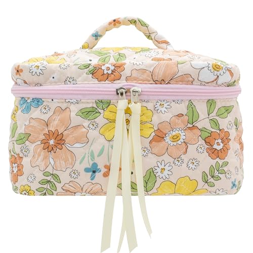 PAZIMIIK Cotton Makeup Bag for Women Large Quilted Travel Cosmetic Pouch Girls' Make Up Organizer,Little Flower