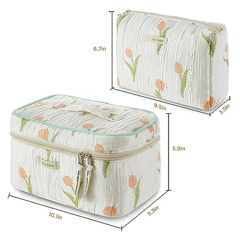 HBselect Quilted Makeup Bag, 3PCS Cotton Large Travel Makeup Bag, Cute Floral Coquette Make up Bag Cosmetic Bag Toiletry Bag for Women Girls