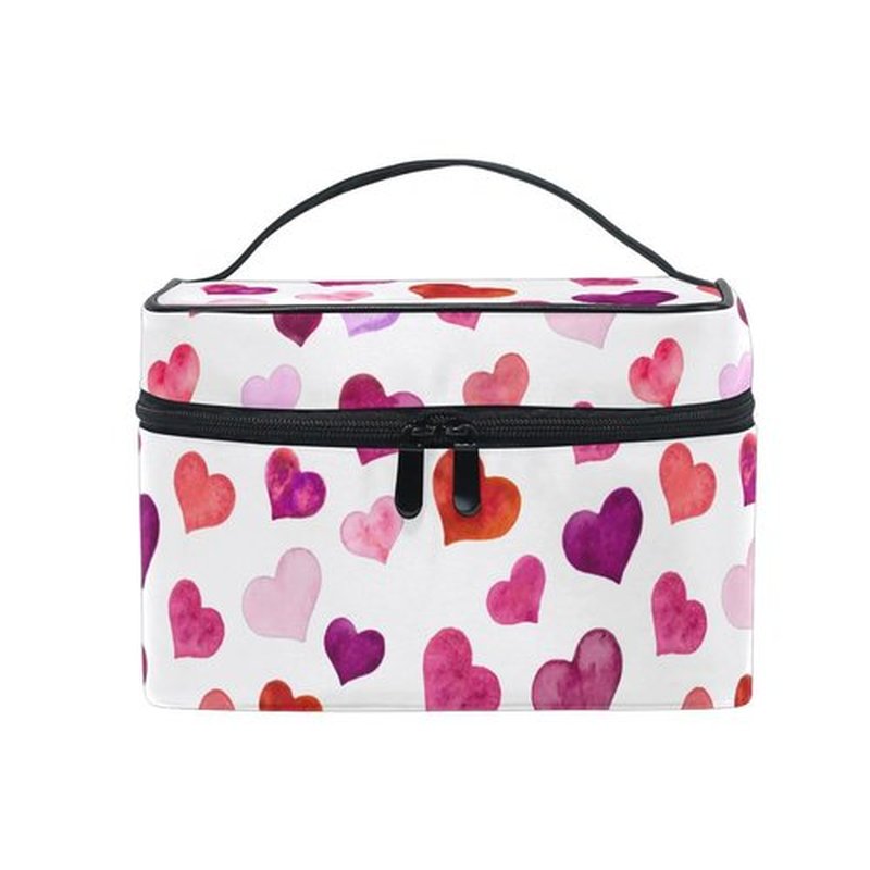 Valentine's Day Cosmetic Bag Hearts Valentine's Day Travel Makeup Organizer Bag Portable Train Case for Women Girls