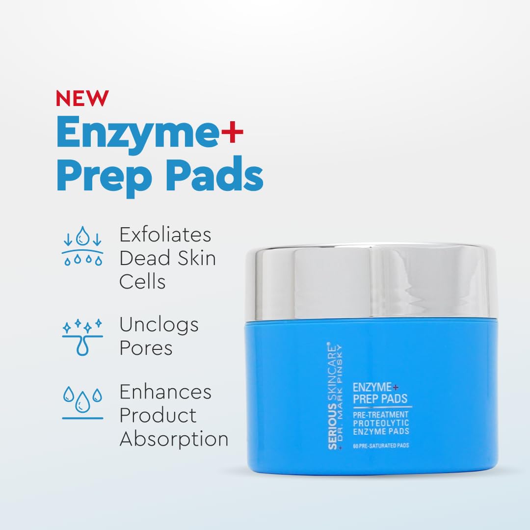 Serious Skincare - Dr. Mark Pinsky Proteolytic Enzyme+ Prep Pads - Pre Treatment - Detoxify Skin & Pores - Willow Bark Extract - 60 Pre-Saturated Disc - Face & Neck