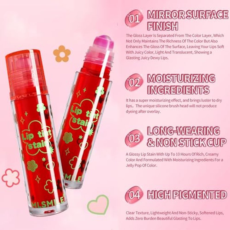 4 Colors Lip Tint Stain Set,Plumping Lip Tint,Watery Lip Stain Moisturizing Mini Liquid Lipstick,Long-Lasting&Non-Stick Cup,Multi-Use Lip and Cheek Tint Stain(Set A)