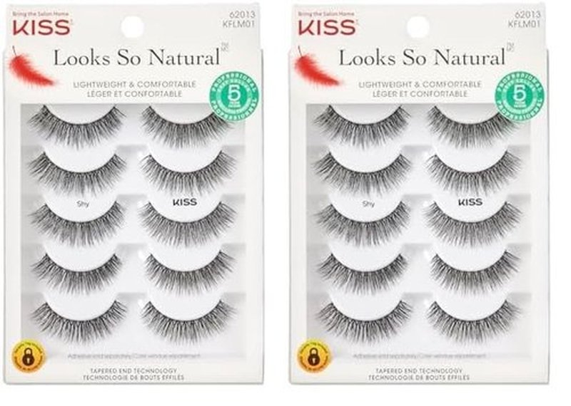 KISS Looks So Natural, False Eyelashes, Shy', 12 mm, Includes 5 Pairs Of Lashes, Contact Lens Friendly, Easy to Apply, Reusable Strip Lashes, Glue On (Pack of 2)