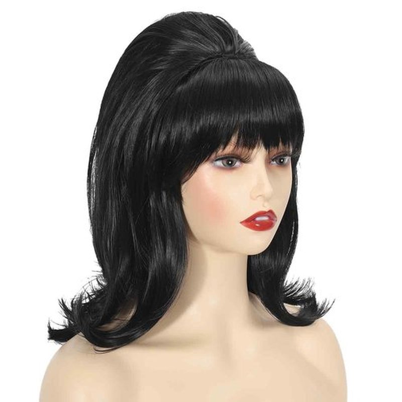 Sabosi Womens Flip Wig 70s Pinup Pelucas 60s Retro Black Beehive Wig Vintage Wig with Bangs for Women Synthetic Hair for Halloween Costume Party