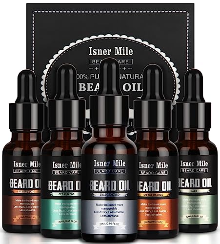 ISNER MILE Beard Oil 5 Pack, Stocking Stuffers Gifts for Him Dad Boyfriend, Mustaches Soften, Moisturize, Strength with Sandalwood, Bay Rum, Vanilla, Cologne, Unscented, Beard Maintenance Treatment