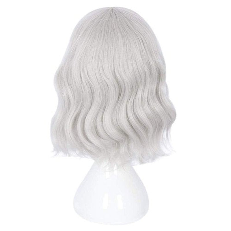 14" Women Short Bob Wig with Bangs Curly Wavy Harajuku Synthetic Cute Daily Halloween Party Cosplay Hair(silver)