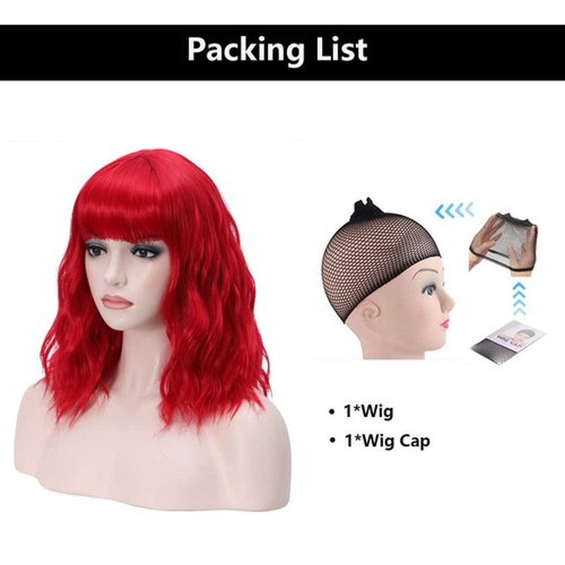 MAGQOO Red Wig Bright Red Wig Women Bright Red Bob Wig Short Curly Wavy Red Wigs with Bangs Synthetic Heat Resistant Costume Wig Cap Included (14", Red)