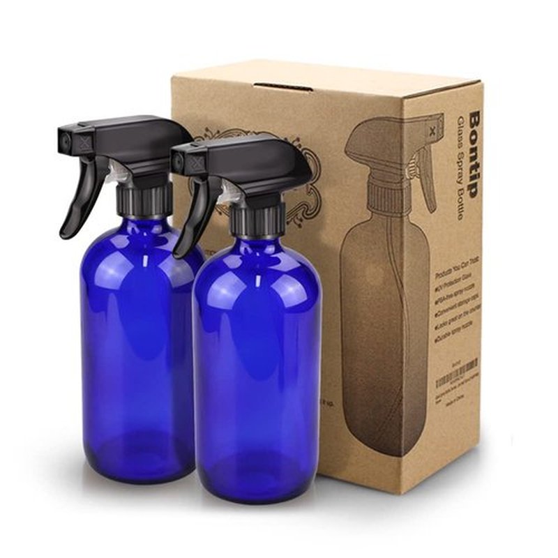 Bontip Glass Spray Bottle, Blue Glass Spray Bottle Set & Accessories for Non-toxic Window Cleaners Aromatherapy Facial Hydration Watering Flowers Hair Care (2 Pack/16 oz) (Blue)