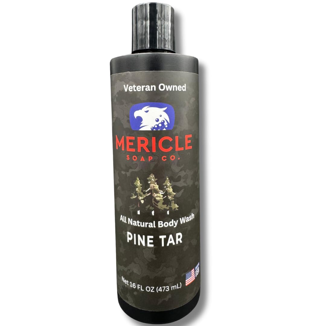 Mericle Soap Co. Pine Tar Body Wash – 16 fl oz, 100% Natural Men’s Soap with Organic Shea Butter, Made in USA, Veteran-Owned, Deep Cleansing & Moisturizing Shower Gel