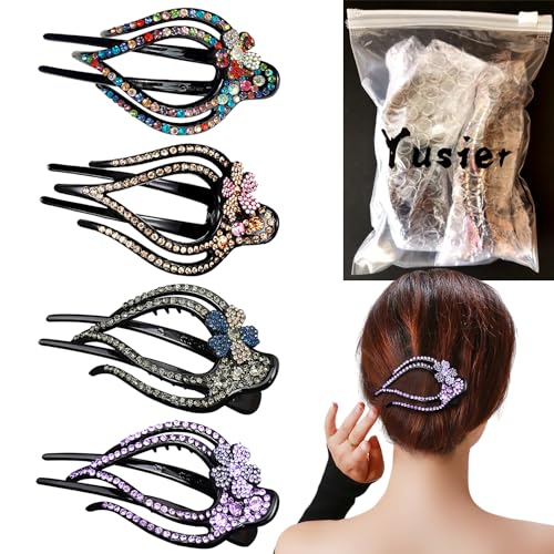 Yusier 4PCS Heart Style Ponytail Duckbill Clips with Headdresses for Women, Flower Rhinestone Barrettes Sparkly Prom Diamond Hair Clips (Plum Blossom)