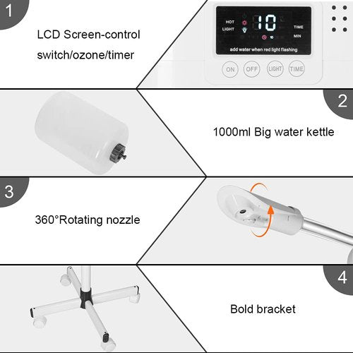 Upgrade Professional LCD Facial Steamer with Hot Mist, Esthetician Steamer for Salon Spa & Home, Stand Facial Steamer On Wheels, 33.8oz Large Upper Inlet Cup
