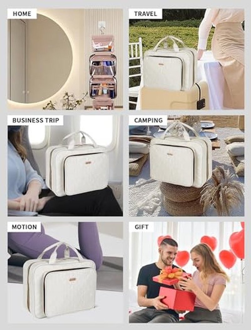 BALULHG Travel Toiletry Bag for Women Large Capacity with Hook - Portable Cosmetic Case,Hanging Makeup Bag for Full Sized ToiletriesTravel Essentials for Business Trips and Camping Beige