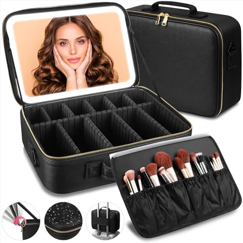 saiggnyy 15“×11“Professional Makeup Train Case,Large Waterproof Travel Makeup bag with Mirror and Light, Leather Black Make up Bag with Mirror and Light,Led Makeup Case with Adjustable Dividers