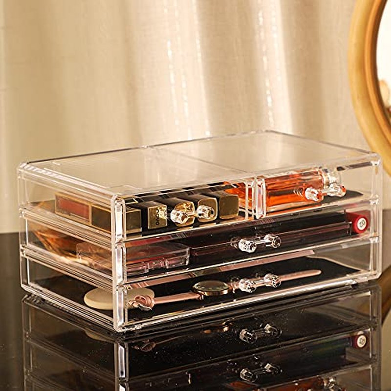 Cq acrylic Bathroom Organizer With 4 Drawers,Stackable Containers for Organizing With Drawer for Vanity Counter and Desk,Plastic Clear Storage Drawer for Cabinet Makeup,Craft,Pen,Beauty Supplies,1Pcs