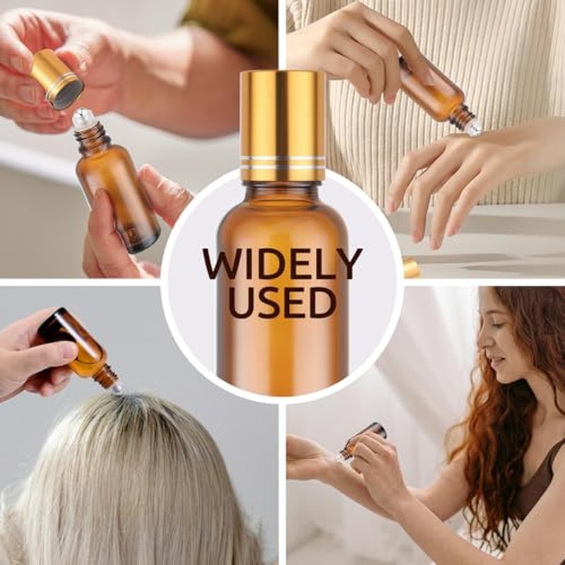 bofessor 30ml Glass Roller Bottles 5-Pack, Refillable Roll-On Bottles for Essential Oils, Perfume, and DIY Blends with Stainless Steel Rollers-Amber