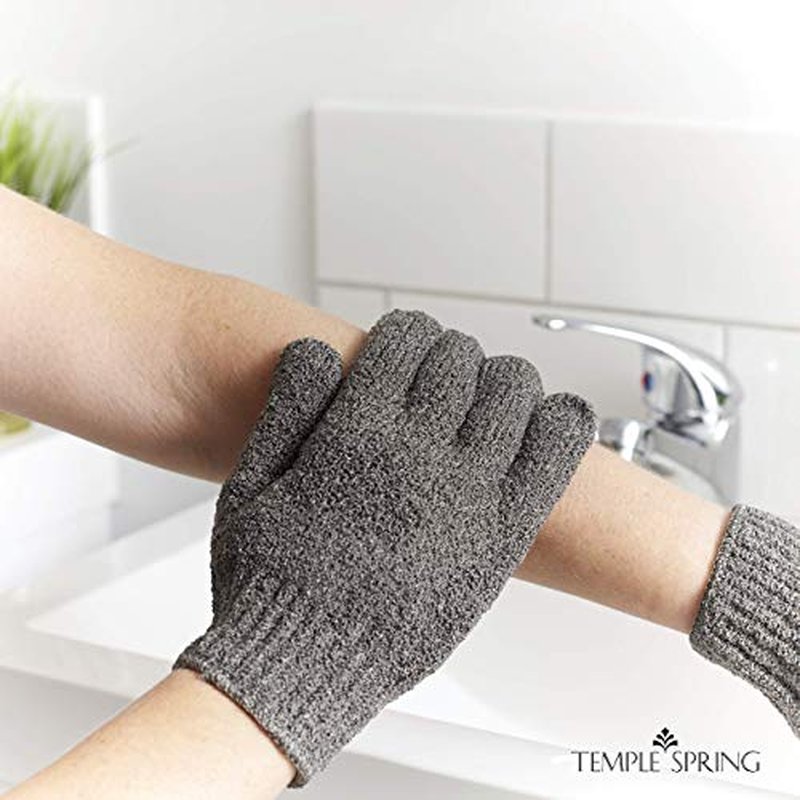Temple Spring Exfoliating Gloves - Rayon Bamboo Bath/Shower Gloves, Bath Gloves for Shower Exfoliating and Ingrown Hair/Dead Skin Remover - Exfoliator Mitt Scrub Gloves - Grey