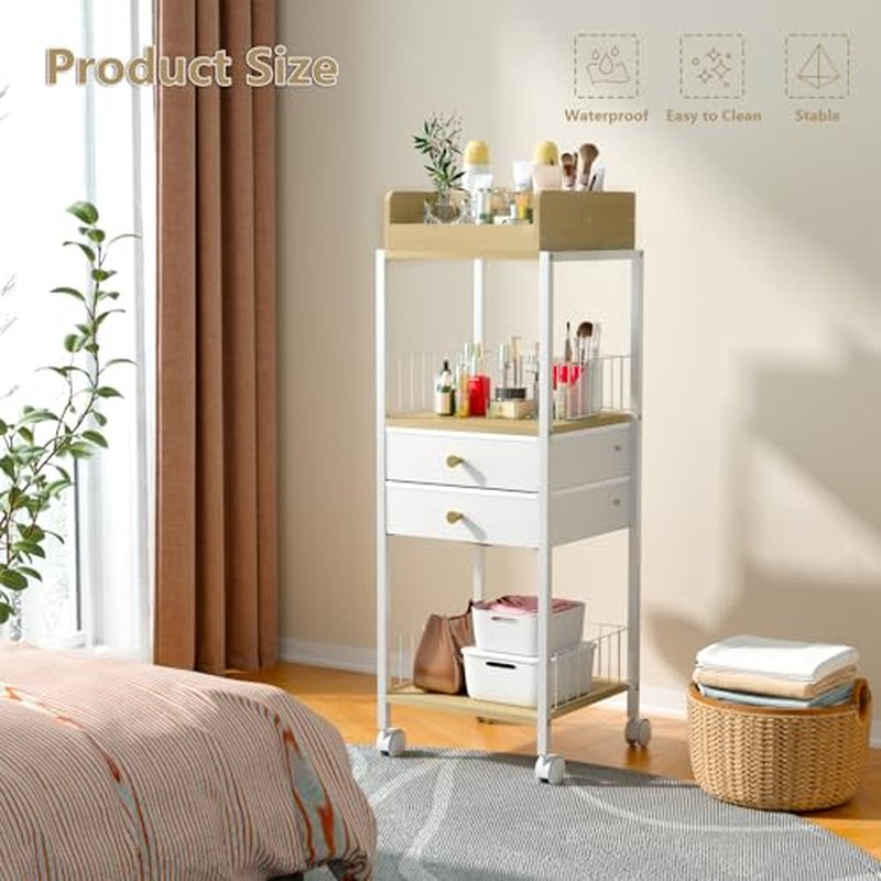 Makeup Organizer Cart Shelf Floor Skincare Organizers Make Up and Station Storage Cabinet For Vanity Standing Cosmetics With Drawers and Wheels For Nail Polish Perfume Hair Tool Holder Beauty(White)