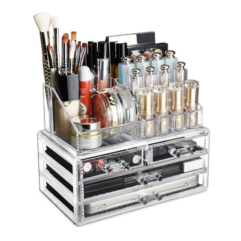 Ikee Design Acrylic Makeup Organizer with 4 Drawers and Removable Top Lipstick Holders, Ideal for Make-up or Accessories,Enhance Your Vanity or Bathroom with Clear Design for Quick Visibility
