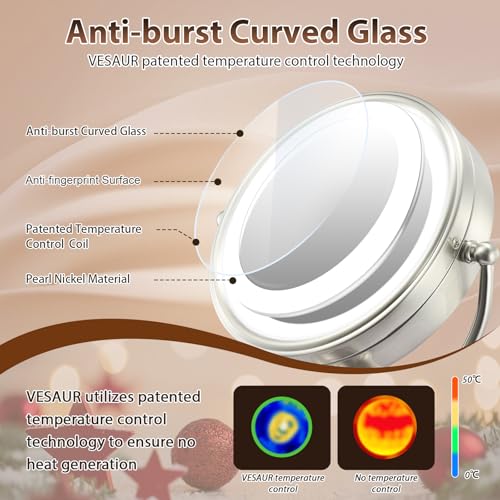 Professional 8.5" Large Lighted Makeup Mirror with Brighter Lights, 1X/10X True HD Magnifying Mirror with 3 Color Dimmable Lights, 80 Shadowless LEDs, 360°Swivel Seamless Vanity Mirror, Pearl Nickel