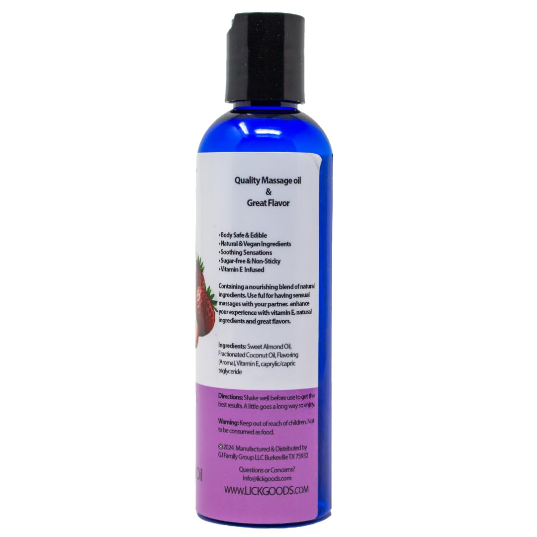 Lick Strawberries and Cream Flavored Massage Oil – Romantic, Body Safe, Non-Greasy Formula, Date Night 4 oz