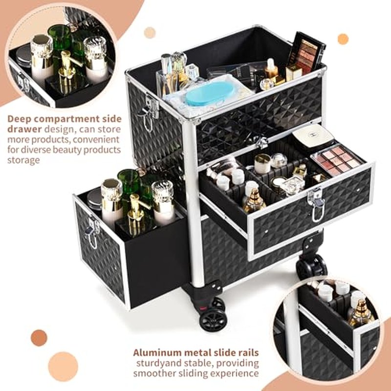 Imseigo 2-In-1 Makeup Train Case Large Storage, Detachable Universal Wheels, Portable Aluminum Cosmetic Trolley, Makeup Travel Case with Diamond Pattern Makeup Artists, Manicurists (Black)