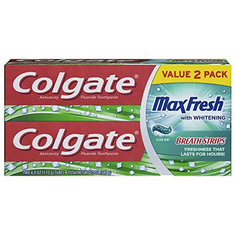 Colgate Max Fresh Whitening Toothpaste with Mini Breath Strips, Clean Mint - 6 ounce (2 Pack)