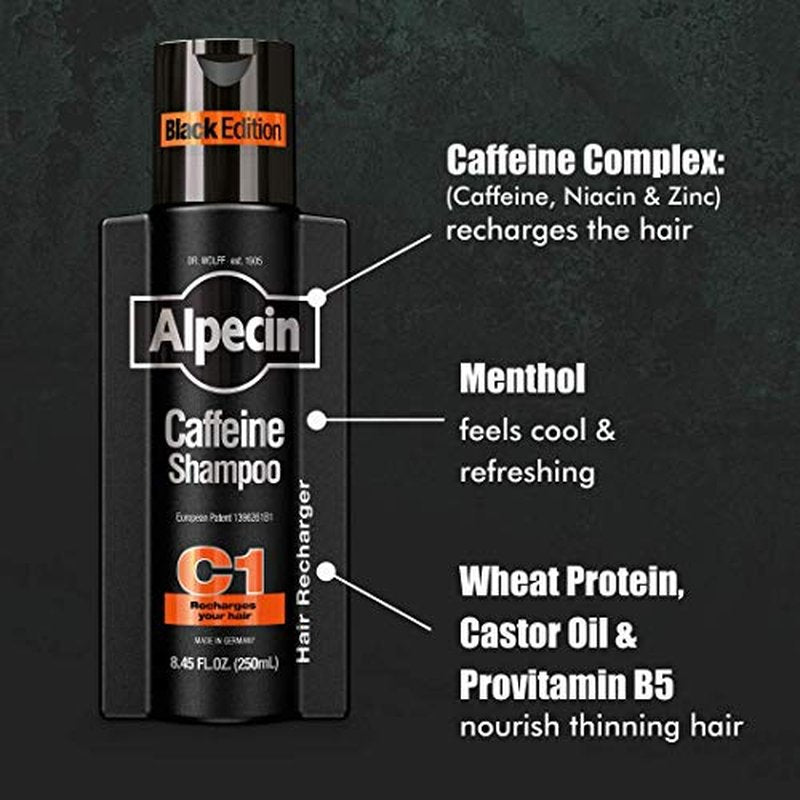 Alpecin Caffeine Shampoo C1 Black Edition, Men's Natural Hair Growth Shampoo for Thinning Hair with Niacin, Menthol, and Castor Oil, 8.45 fl. oz.