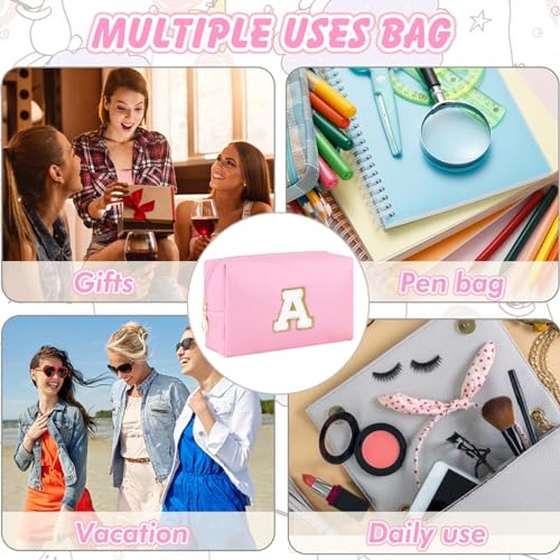 URSKYTOUS Initial Makeup Bag Personalized Preppy Travel Small Cosmetic Bag Cute PU Pink Chenille Letter Makeup Pouch for Purse Waterproof Zippered Toiletry Organizer for Women Girls Kids Friends (Z)