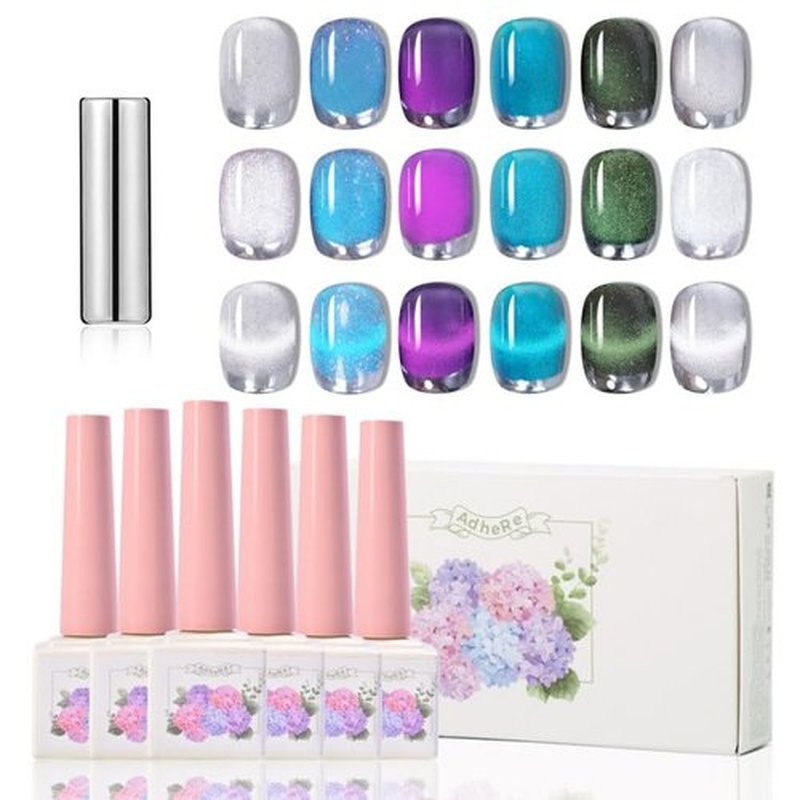 ADHERE Magnetic Cat Eye Gel Nail Polish Set, 12 ml*6 with 1 Magnets, Glitter Purple Blue Magnetic Effect Sparkle Stunning Nail Gel Polish with Soak Off Led Nail Art Gel DIY Salon Gifts