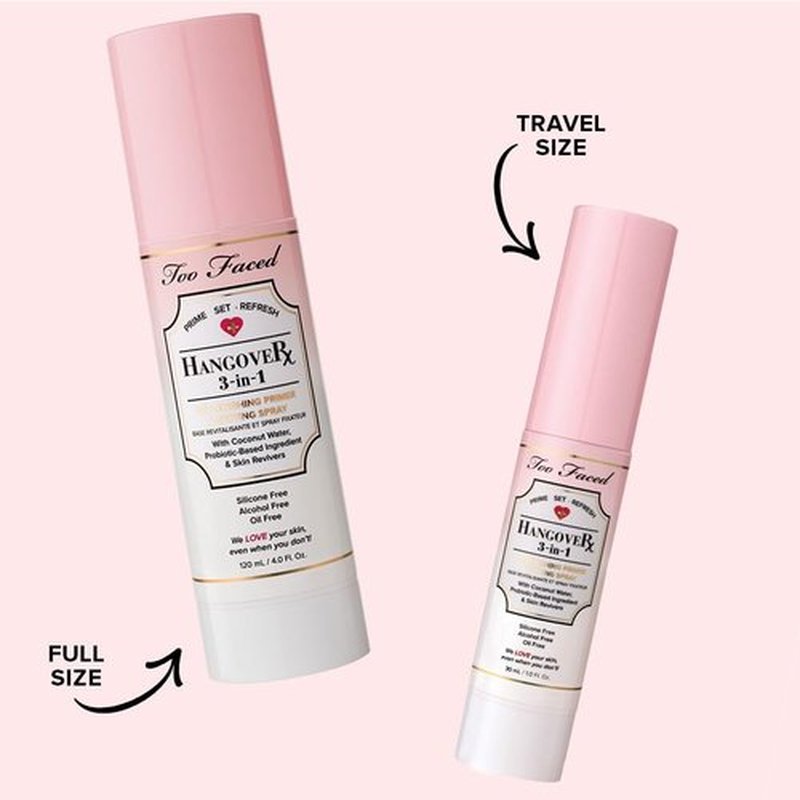 Too Faced Hangover 3-in-1 Primer & Setting Spray |Long Lasting + Hydrating, Travel Size, 1.01 Fl Oz, Clear