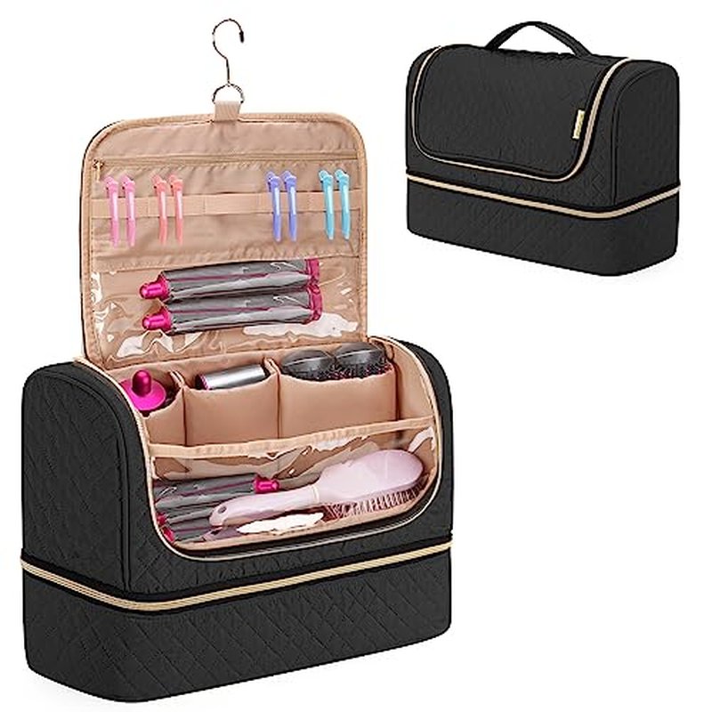 Yarwo Double-layer Storage Bag Compatible for Dyson Airwrap Multi-styler Complete and Attachments, Portable Travel Case with Hanging Hook for Hair Curler Accessories, Black (Bag Only, Patent Design)