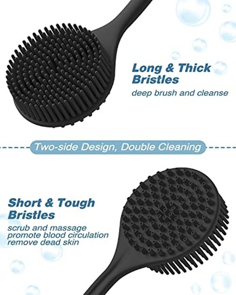 Manmihealth Silicone Back Scrubber (Thin Bristles) & Bath Glove & Face Brush Set(3PCS), Super-Exfoliating & Lathering Body Scrubber, Shower Brush, Face Scrubber Combination, with a Free Hook.(Black)