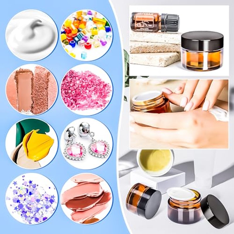 MotBach 6 Pack 1 oz Glass Jars with Lids 60ml Mini Round Clear Glass Jars with Inner Liners and Spatulas, Travel Size Containers Jars for Toiletries Creams Makeup Cosmetic Sample Lotion (Amber Lid)