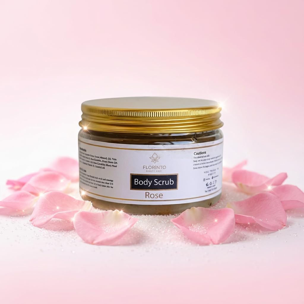 FLORÍNTO Body Scrub – Exfoliating & Moisturizing Sugar Scrub with Shea Butter, Natural Oils & Vitamin E – Soft, Smooth & Glowing Skin – 350 g (Rose)