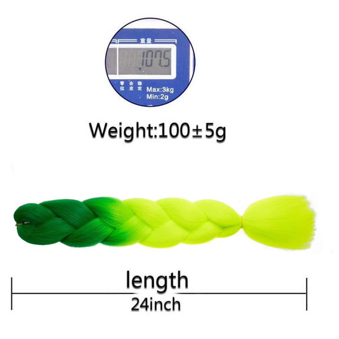 Xiaofeng Colorful Ombre Braiding Hair Extensions 24 Inch 3 Packs High Temperature Jumbo Crochet Braiding Hair for Box Twist Braids (24 Inch (Pack of 3), Peak green to Yellow green)