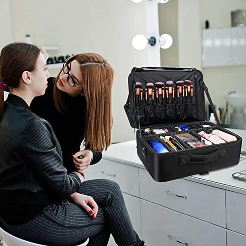 Relavel Travel Makeup Train Case Makeup Cosmetic Case Organizer Portable Artist Storage Bag with Adjustable Dividers for Cosmetics Makeup Brushes Toiletry Jewelry Digital Accessories Black