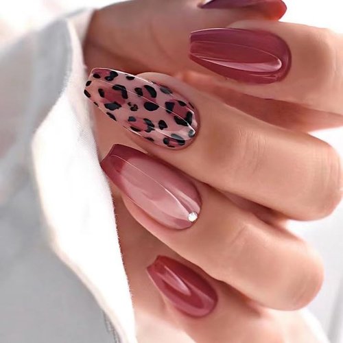 Fall Press On Nails Coffin Medium Red Fake Nails with Designs Leopard False Nails Press Ons Glossy Full Cover Artificial Acrylic Glue on Nails Stick on Nails for Women Girls French Manicure DIY 24PCS