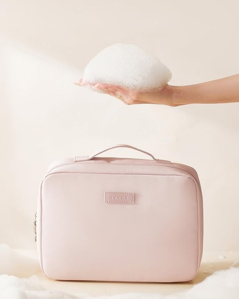 EACHY Travel Toiletry Bag with Hanging Hook, Portable Makeup Cosmetic Bags for Women, Water-Resistant Full-Size Travel Accessories (Pink)