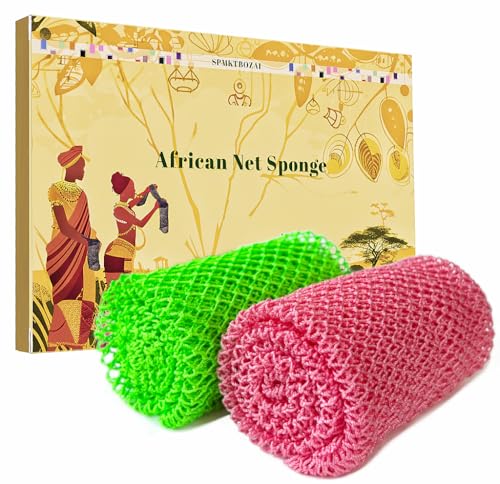 SPMKTBOZAI African Net Sponge Authentic, 2 Pieces African Exfoliating Sponge Real African Net Black Owned, African Bath Sponge Back Scrubber, Body Exfoliator Shower Bath Accessories (Black, Orange)