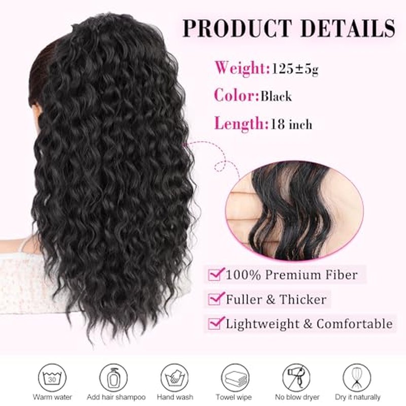 QGZ Ponytail Extension,Drawstring Ponytail for Black Women 14 Inch Synthetic Short Wavy Curly Layered Pony Tails Hair Extensions for Daily Use(Black)