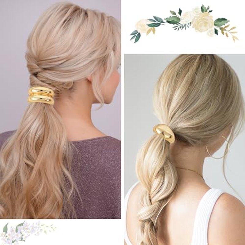 Hair Ties for Women Bowknot Gold Hair Cuff Gold Bow Ponytail Cuff Metal Hair Ties Geometric Elastic Hair Ties for Women Gold Hair Accessories Ponytail Hair Ties for Thick Hair 4PCS (style-01)