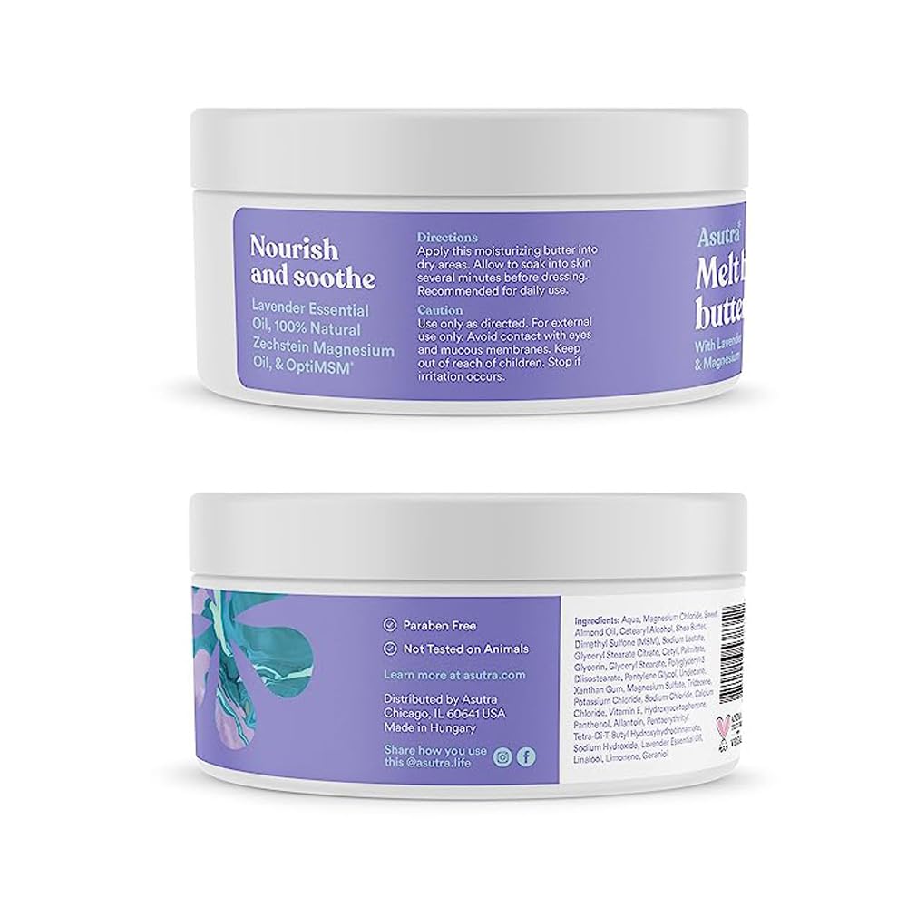 ASUTRA Magnesium Body Butter Lotion with Lavender Scent, 7 oz - Soothing Shea Butter & Almond Oil Moisturizer, Premium-Quality Magnesium, Lavender Essential Oil