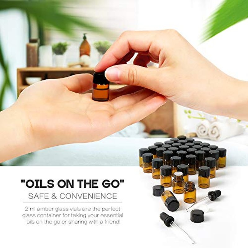 Teenitor Oil Bottles for Essential Oils, 36 Pcs 2 ml (5/8 Dram) Amber Glass Vials Bottles, with Orifice Reducers and Black Caps, with 2 Free Glass Transfer Eye Droppers