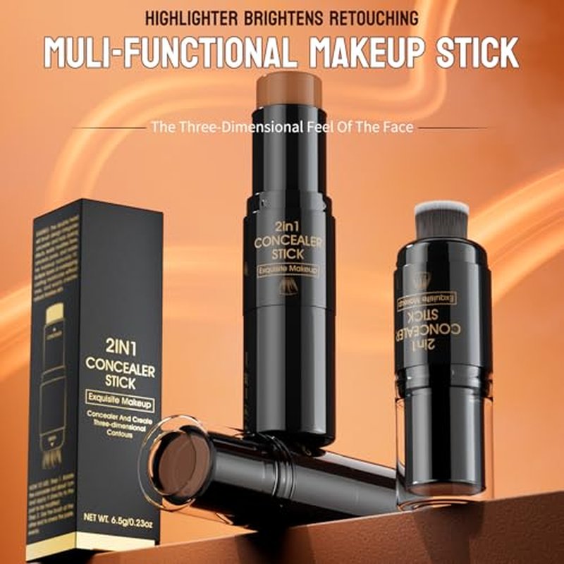 Cream Contour Stick, Multi-Use Bronzer Stick with Brush, Highlighter Blush Stick for Natural Foundation Makeup, New Updated Moisturizer Highlighter and Bronzer Stick, Face Contour Concealer Makeup 05