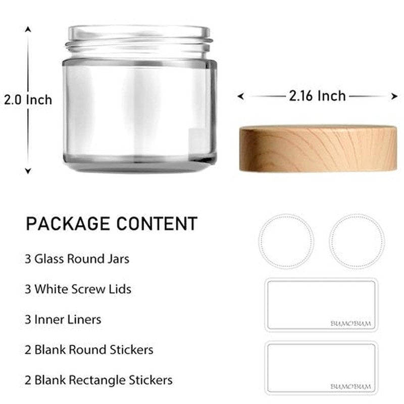 2 oz Small Glass Containers with Lids, Glass Jars with Woodgrain Lids & Inner Liners, Reusable Travel Containers for Creams, Makeup, Lotion, Cosmetic - 3 pack