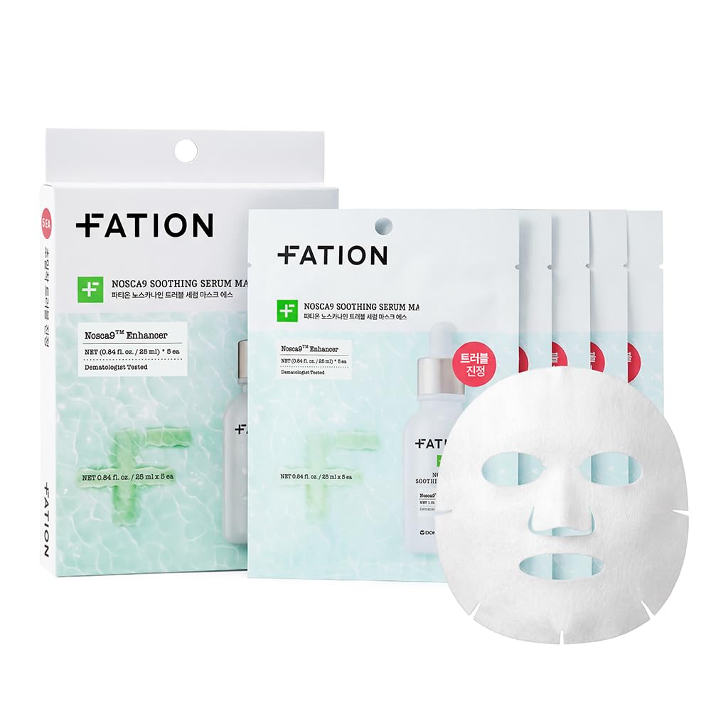 Fation Soothing Serum Mask S - 10 Minute Calming Centella Mask for Redness Relief with Panthenol, Ceramide NP & Fresh Cica, Microfiber Sheet for Sensitive Skin, Korean Face Mask | 0.84 fl oz x 5ea