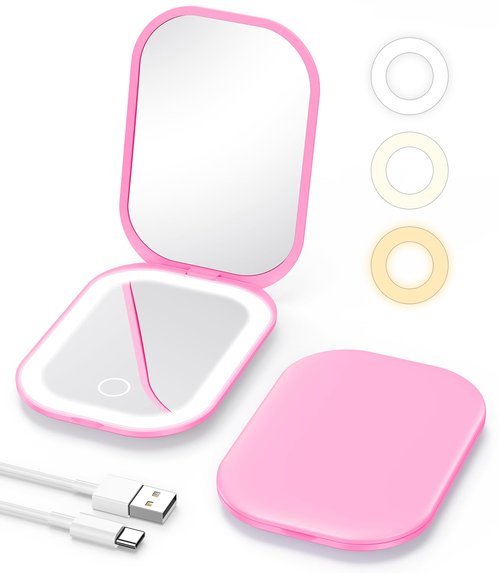 Gospire Lighted Travel Makeup Mirror with Light and Magnification, 3X Magnification Rechargeable Compact Mirror with 3-Color Adjustable Light，Led Mini Mirror for Purse - Deep Pink
