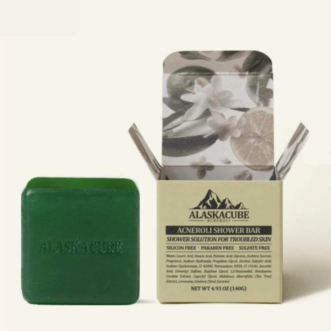Alaskacube Acneroli Shower Bar Bath Soap Citrus Lemon Mandarin Scent Total Solution for Troubled Skin with Salicylic Acid and Teatree Extract, Rich Foam | Body Wash, Shampoo for Men and Women 4.93oz