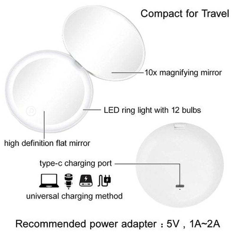 Milishow Compact Mirror with LED Light,1x/10x Magnifying Rechargeable Mirror,3.5in, Dimmable Travel Mirror for Purse,Pocket,Handheld 2-Sided Makeup Mirror
